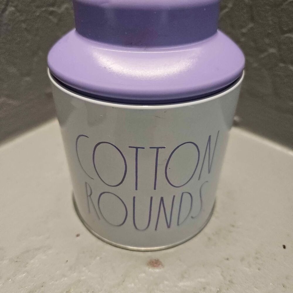 Rae Dunn Purple and White Metal Cotton Ball Tin 5"